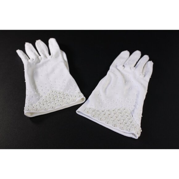 Vintage white beaded short gloves size 7, vintage wedding bridal gloves Nylon - Picture 6 of 9